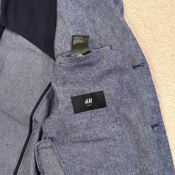 H&M Slim Fit Blue Sports Coat Blazer with Brown Leather Elbow Patches Size 44R - Picture 4 of 5